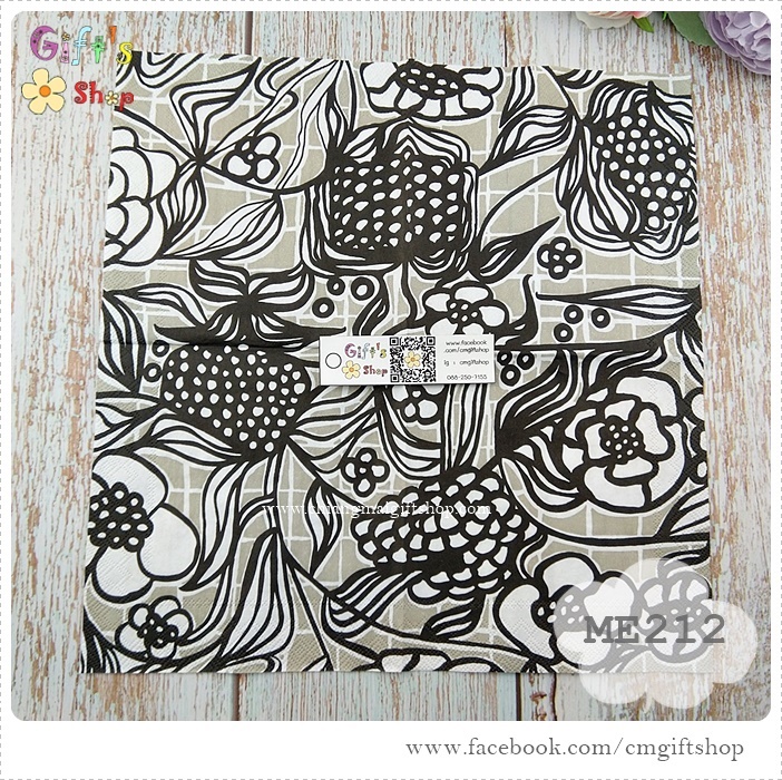 กระดาษแนปกิ้น ลาย Floristi Linen ลายดอกไม้ลายเส้นสีขาวดำเทา ลายของ  Marimekko - Chiangmaigiftshop : Inspired By Lnwshop.Com
