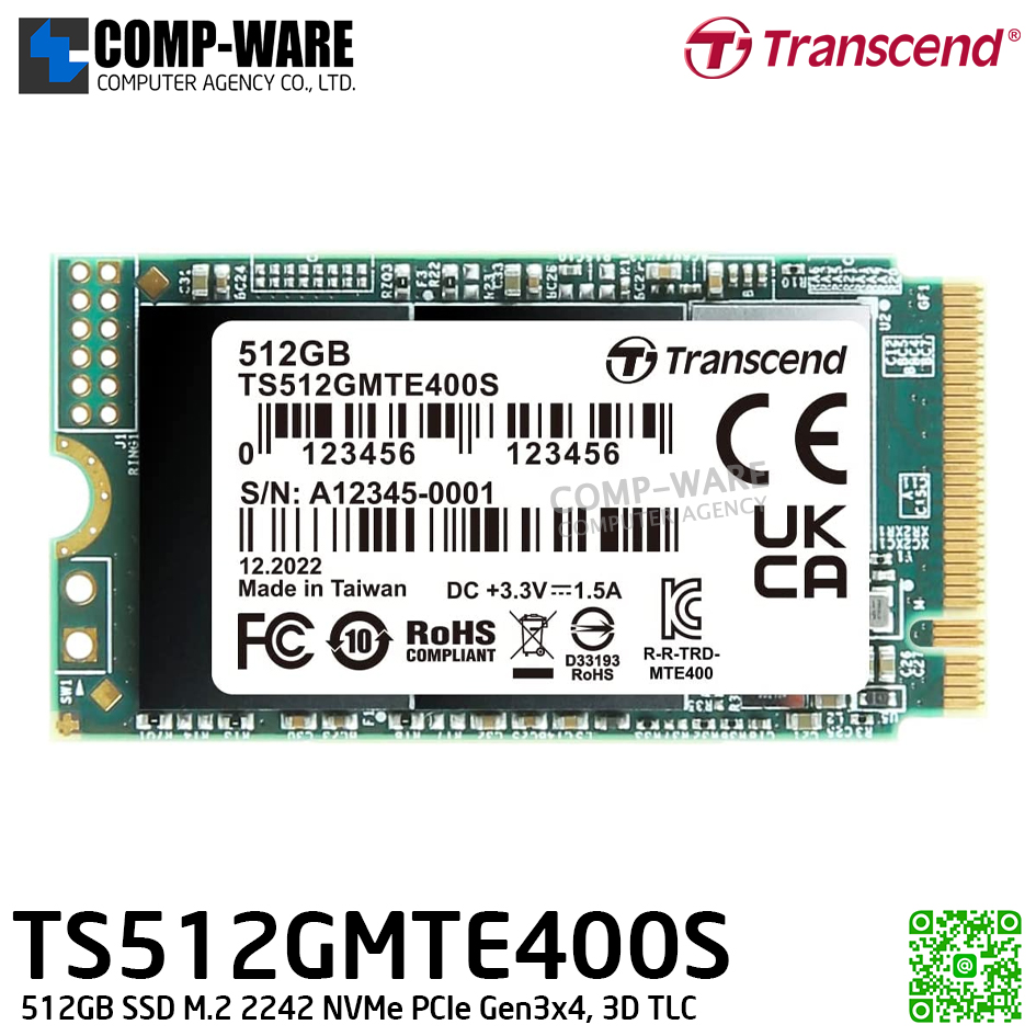 Transcend MTE400S 512GB SSD M.2 2242 NVMe PCIe Gen3x4, 3D